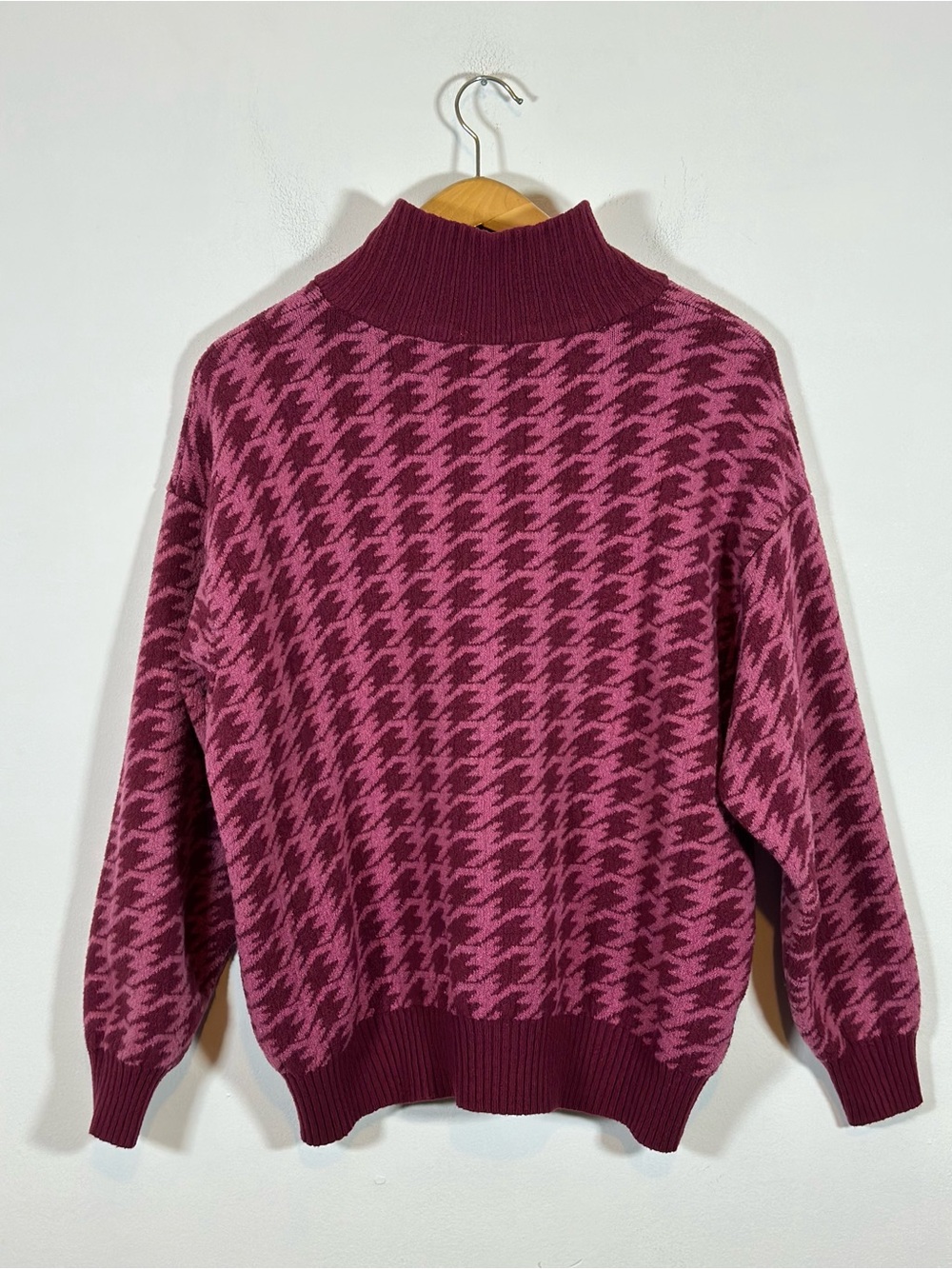 Eddie Bauer Houndstooth Sweater Quarter Zip Mock Neck XL Pink Grandma Preppy - Picture 3 of 14